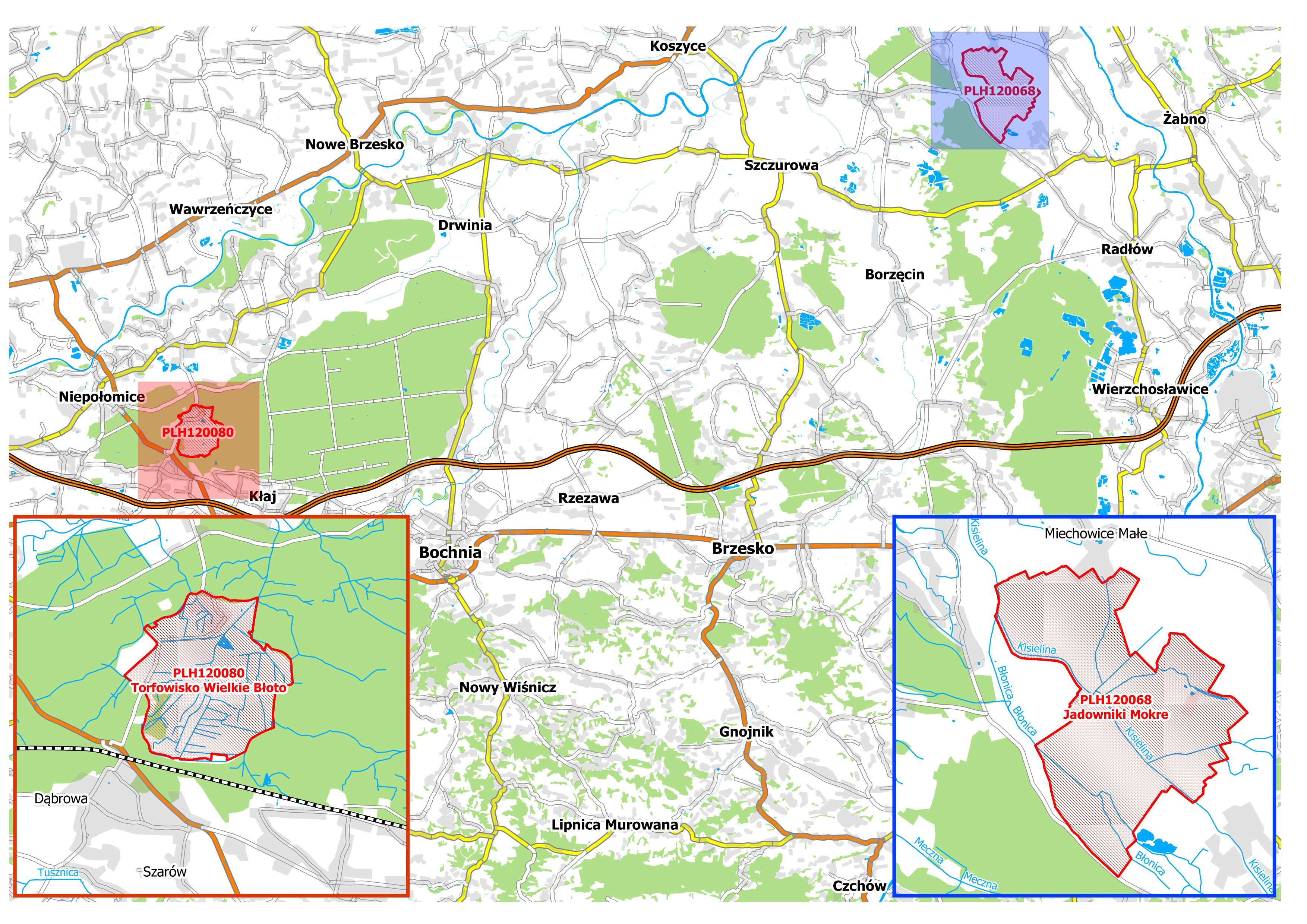 Mapa prezentująca lokalizację obszarów Natura 2000 - Torfowisko Wielkie Błoto oraz Jadowniki Mokre