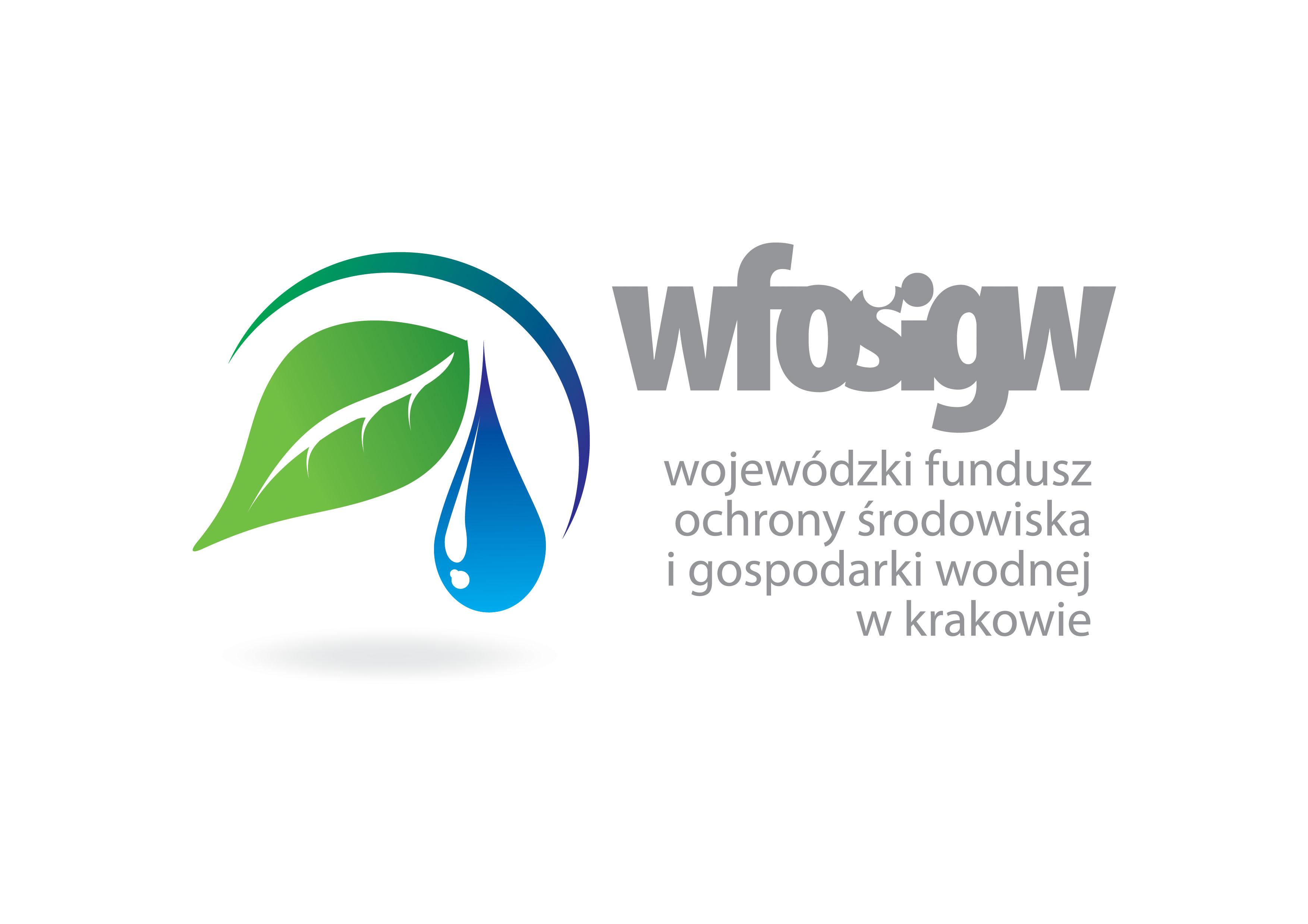 Logo Wojewódzkiego Funduszu Ochrony Środowiska i Gospodarki Wodnej w Krakowie zawierajace zielony liść i niebieską kroplę wody