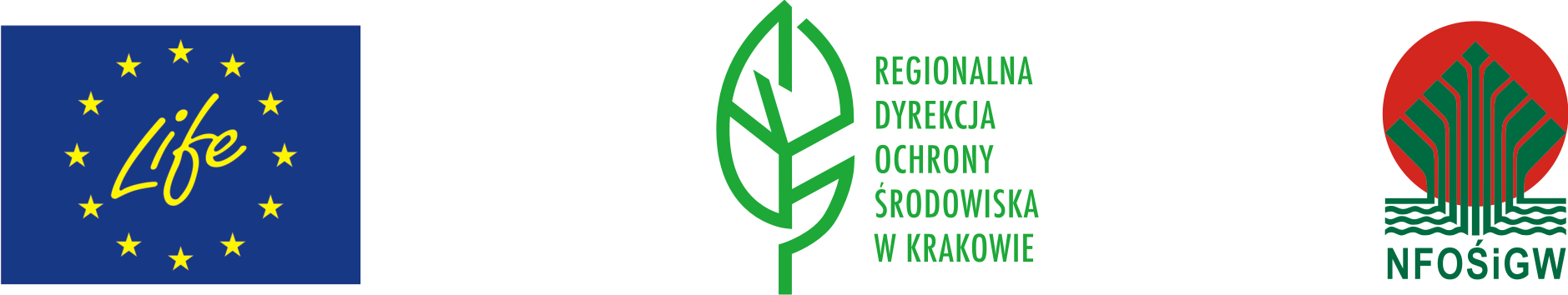 Pasek zawierający kolejno 3 loga: Logo LIFE+, Logo Regionalnej Dyrekcji Ochrony Środowiska w Krakowie, Logo NFOŚiGW